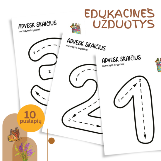 Skaičių apvedimo užduotys vaikams | 10 puslapių PDF lavinimo veiklos | Mokomės rašyti skaičius